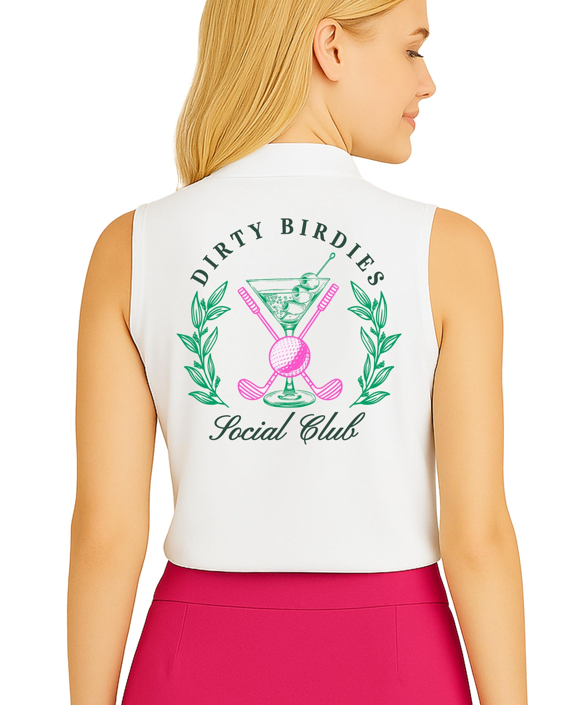 White sleeveless golf polo with Dirty Birdies Social Club graphic design