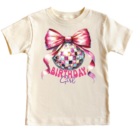 Girls natural color tee with coquette disco ball and pink bow birthday girl graphic printed on front