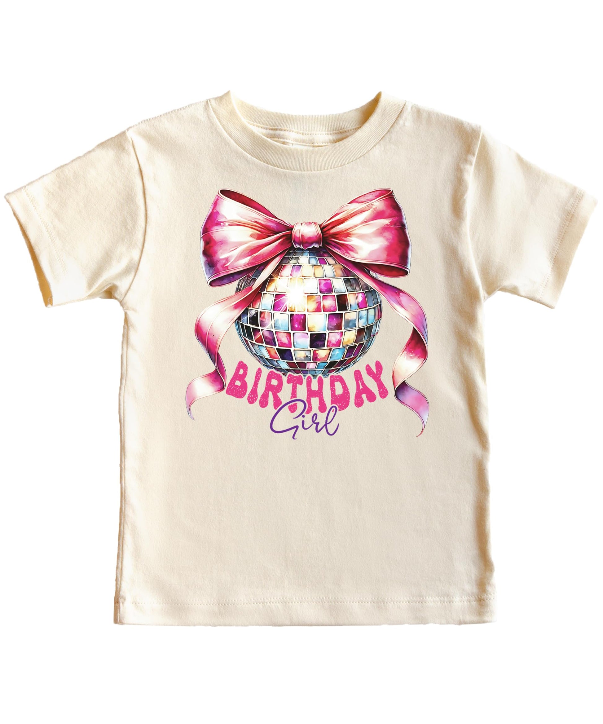 Girls natural color tee with coquette disco ball and pink bow birthday girl graphic printed on front