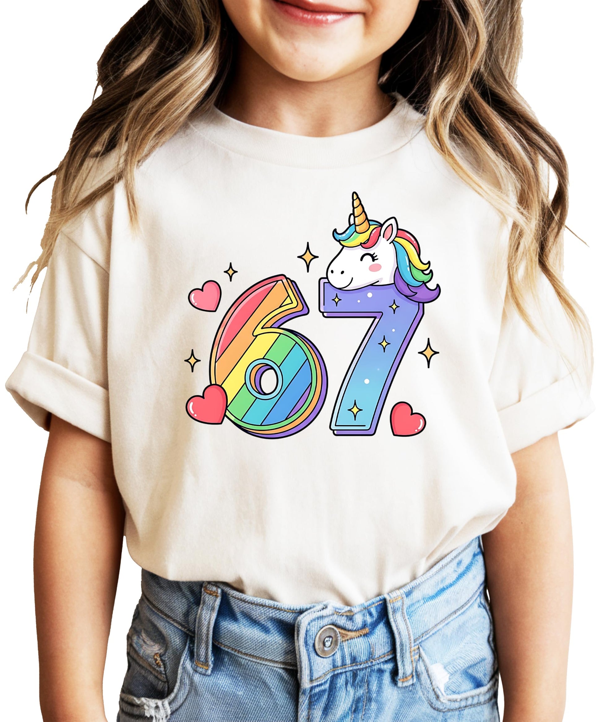 I Was 6 Now I'm 7 unicorn birthday shirt with rainbow numbers and sparkly unicorn graphic on natural shirt
