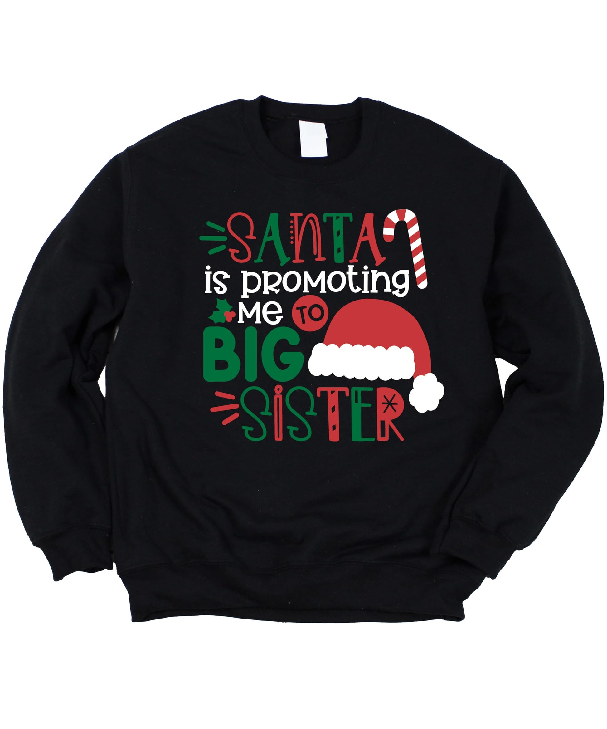 Close-up of vibrant Santa 'Promoted to Big Sister' graphic print on a cozy youth girls sweatshirt