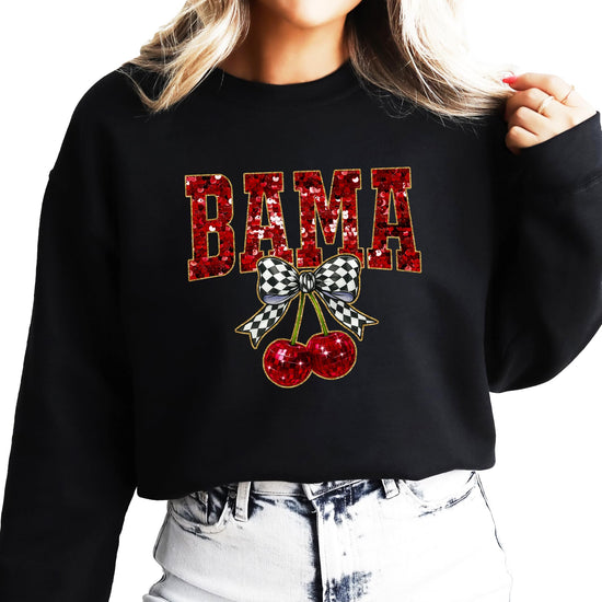 Flat lay of BAMA faux-sequin sweatshirt showing full front graphic design on white crewneck
