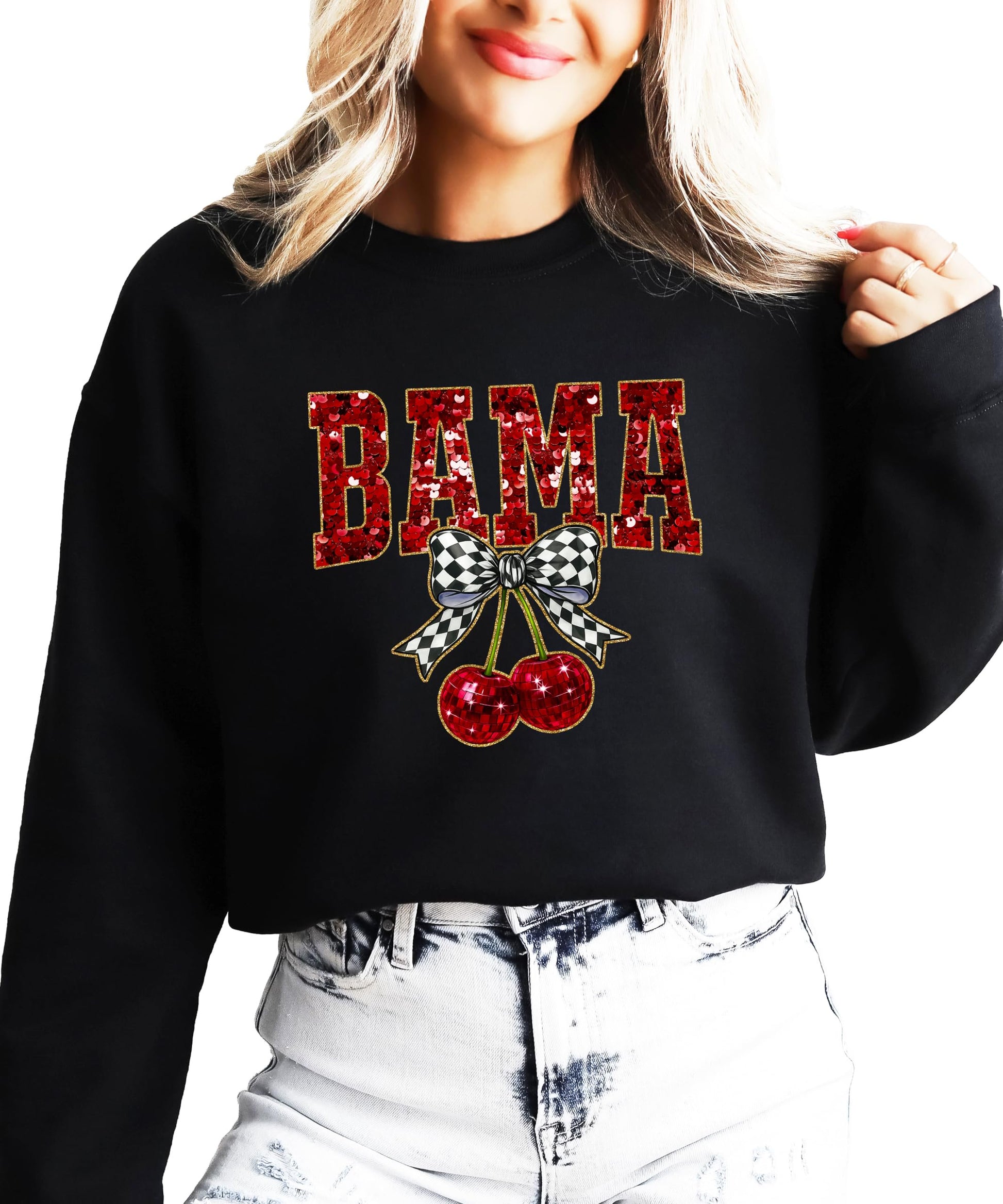 Flat lay of BAMA faux-sequin sweatshirt showing full front graphic design on white crewneck