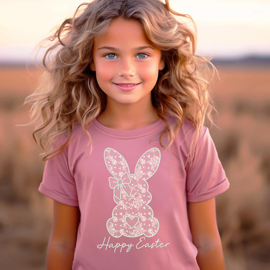 Easter bunny tee shirt product display with girly lace bow design