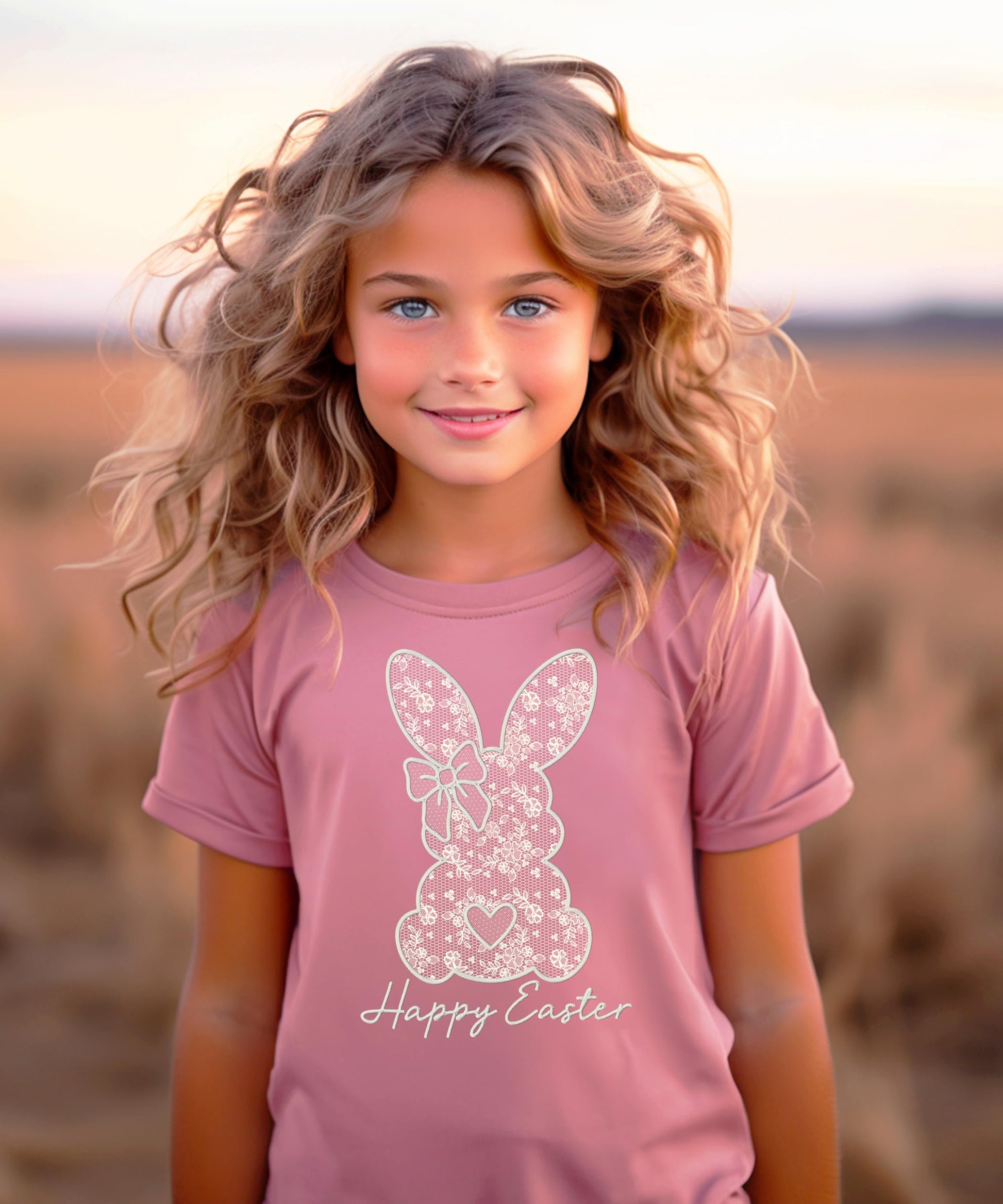 Easter bunny tee shirt product display with girly lace bow design