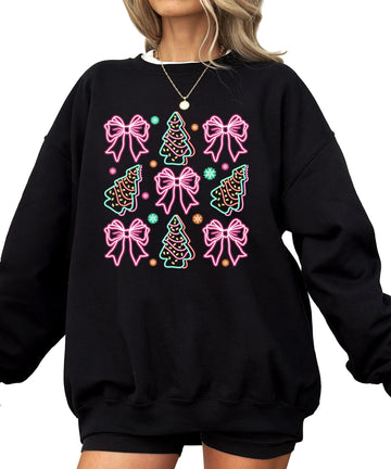 Black women's pullover sweatshirt with electric neon bows, Christmas trees, and snowflakes graphic design