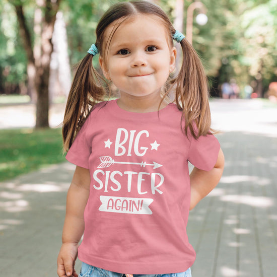 Big Sister Again arrow graphic shirt detail on mauve baby and toddler girl tee