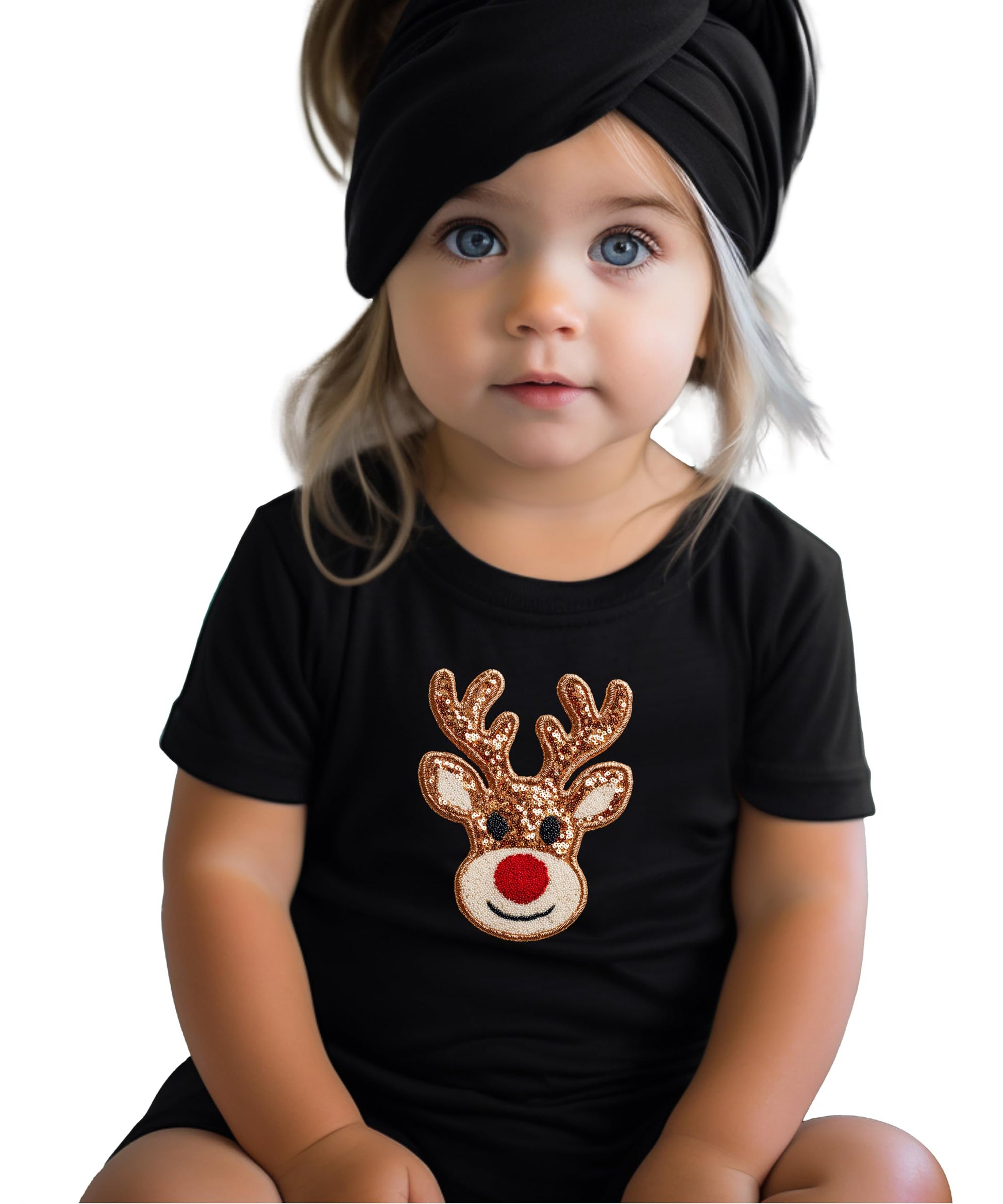 Back view of black girls holiday reindeer graphic tee