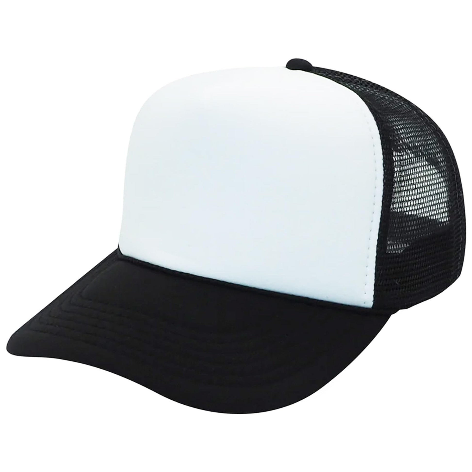 Trout fishing sunset trucker hat side view - black mesh snapback with white foam front