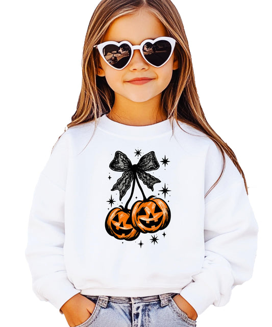 Halloween Sweatshirt for Women, Teens and Kids Jack-O-Lantern Pumpkin & Black Bow Sweater