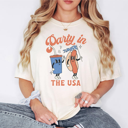 Close-up of retro patriotic Party in the USA graphic print on ivory t-shirt