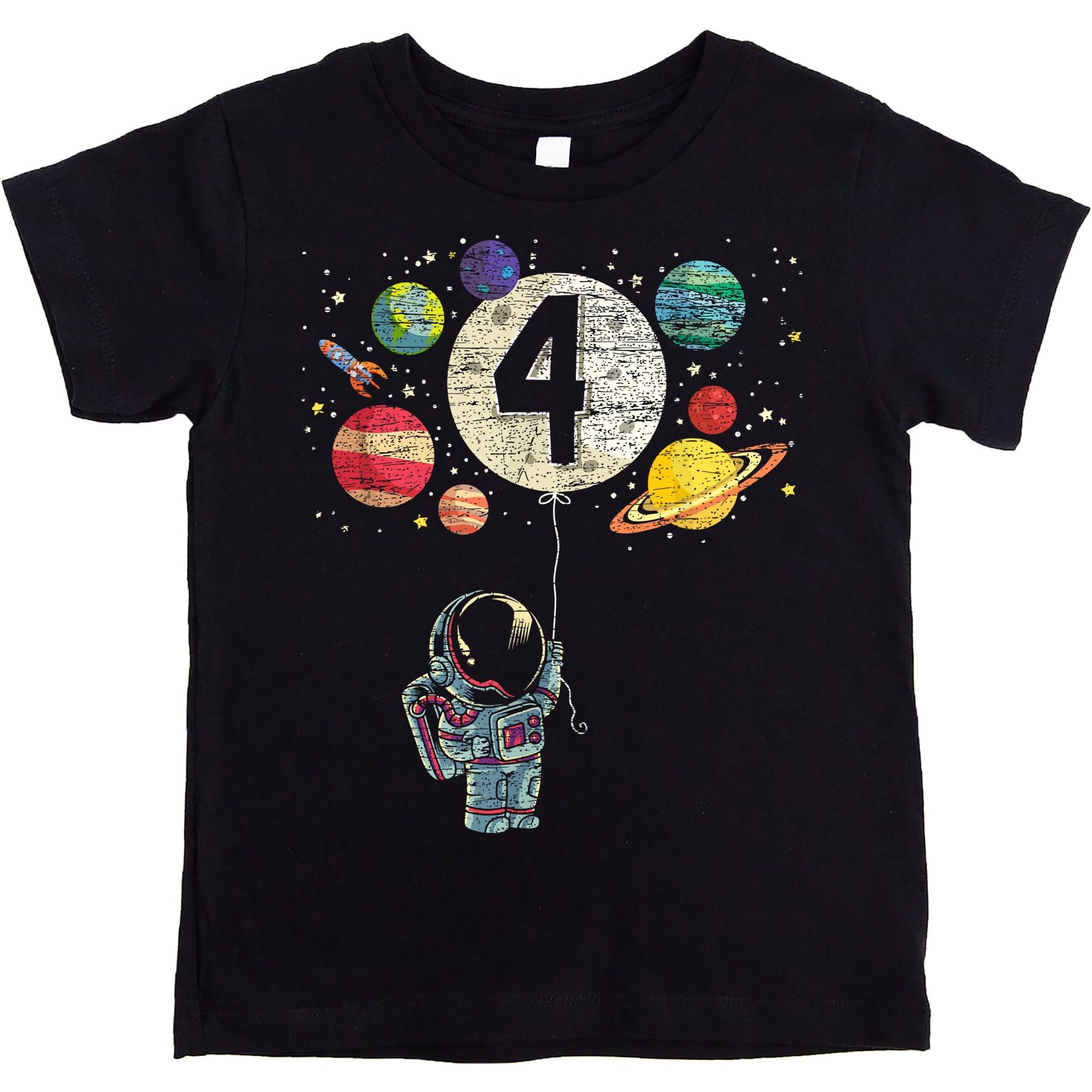 Close-up of astronaut rocket and planet print on black birthday graphic t-shirt