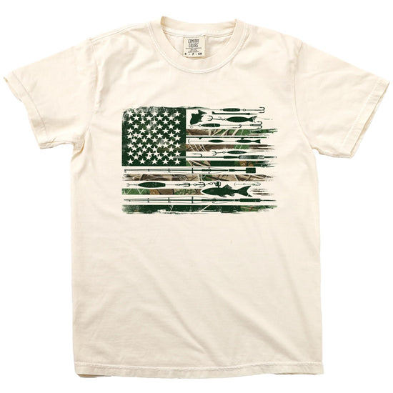 Men's ivory graphic tee featuring an American flag fishing pole and lure design — patriotic fisherman shirt