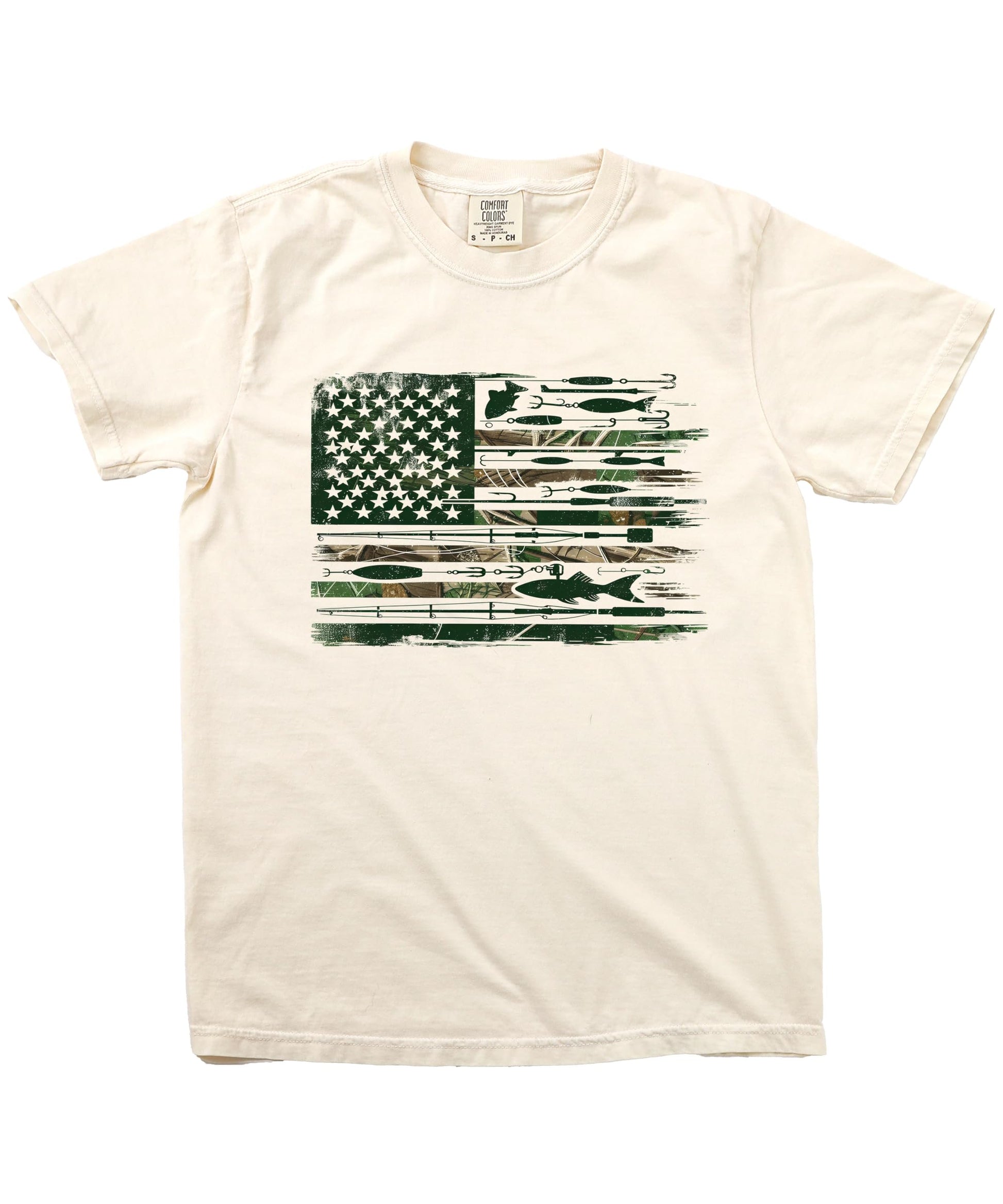 Men's ivory graphic tee featuring an American flag fishing pole and lure design — patriotic fisherman shirt