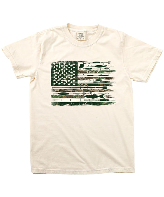 Men's ivory graphic tee featuring an American flag fishing pole and lure design — patriotic fisherman shirt