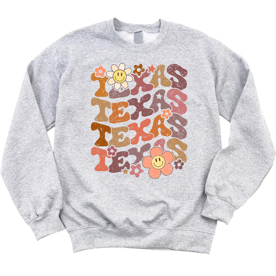 Back view of Texas sports sweatshirt with retro groovy flower graphics