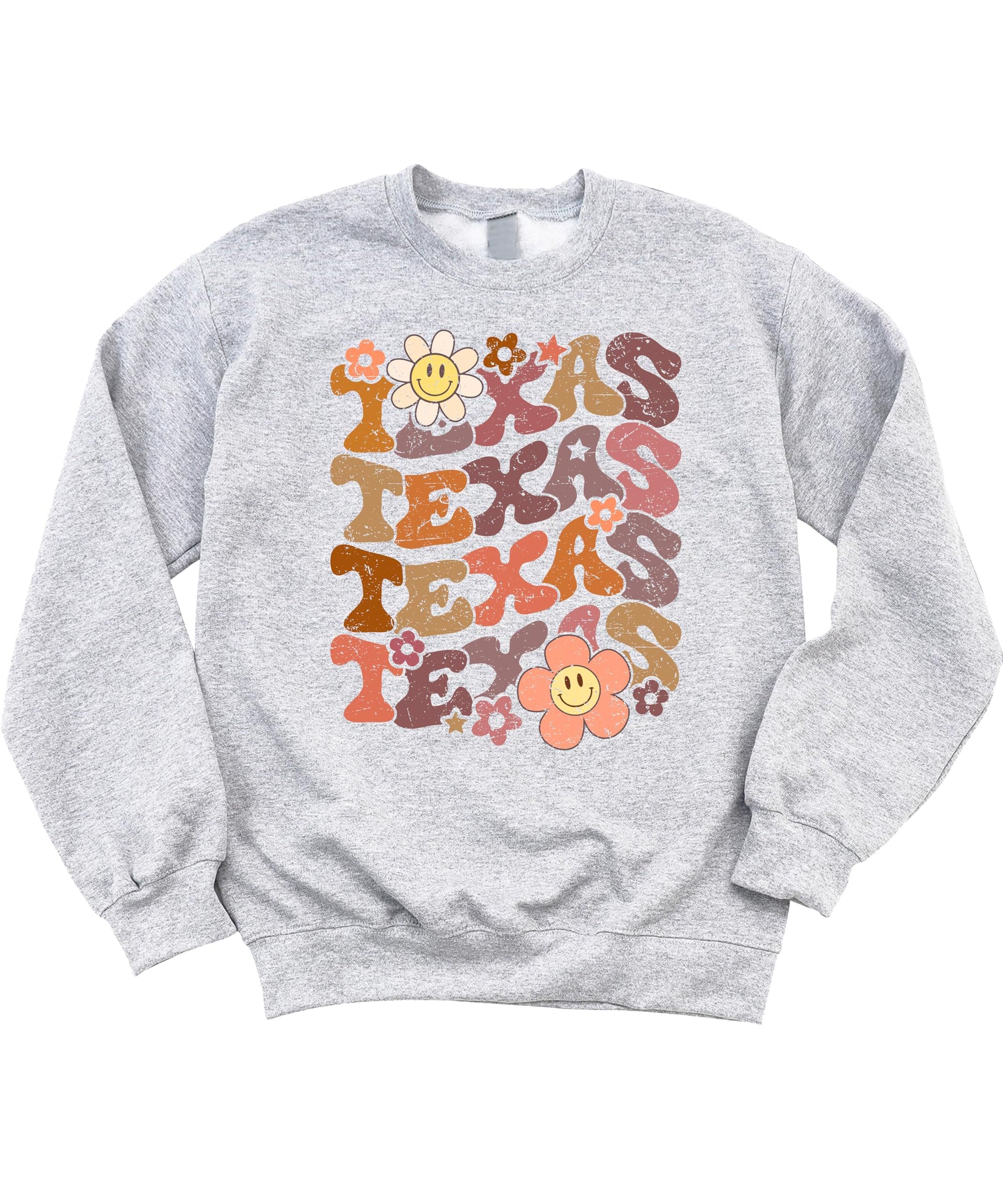 Back view of Texas sports sweatshirt with retro groovy flower graphics