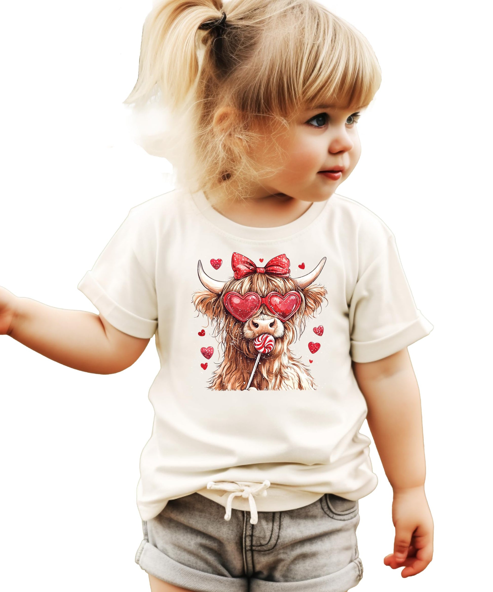 Flat lay of kids' pink Valentine's Day Highland cow shirt with hearts print