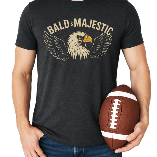 Side or back view of men's Bald and Majestic eagle humor graphic tee in dark gray heather