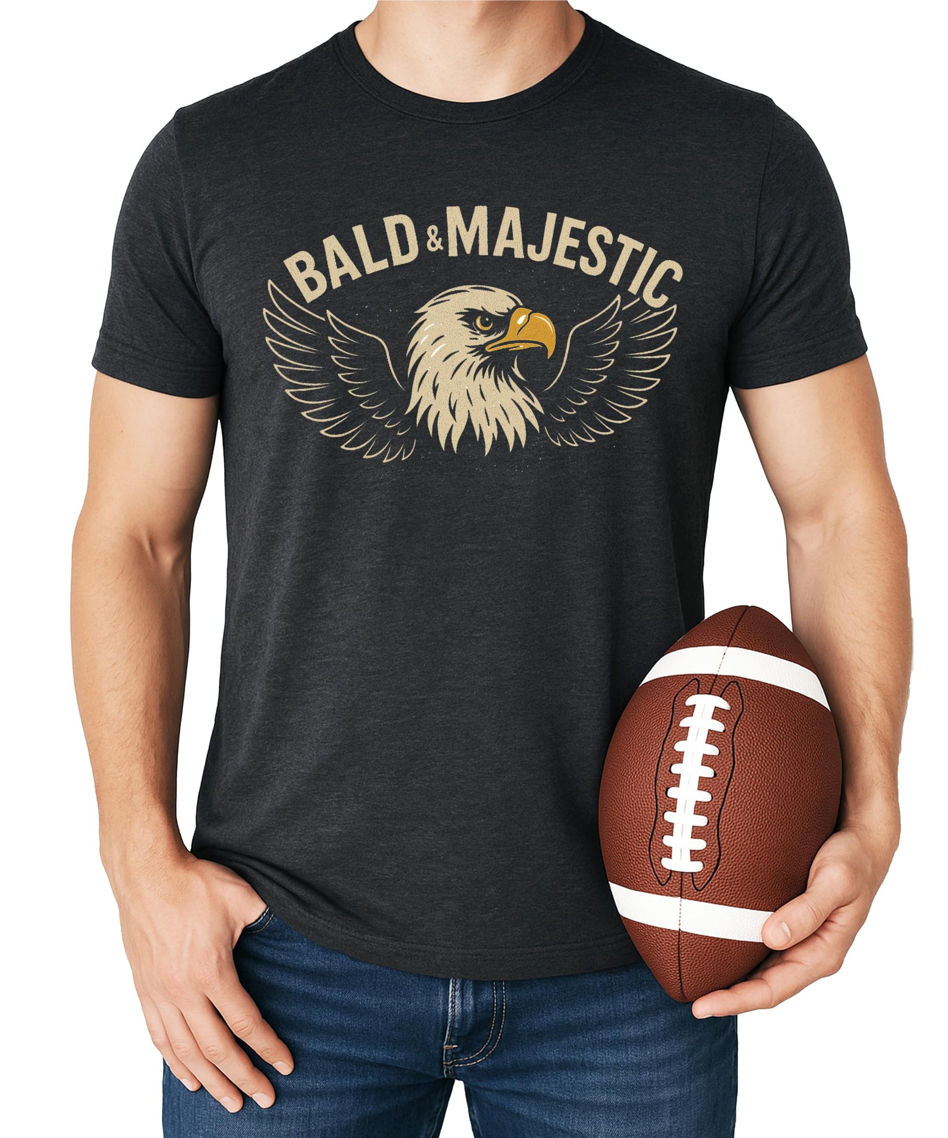 Side or back view of men's Bald and Majestic eagle humor graphic tee in dark gray heather