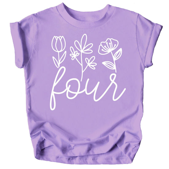 Toddler girl's purple floral fourth birthday shirt with 'Four' graphic design