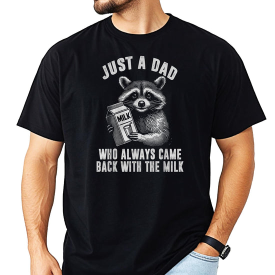 Front view of funny dad graphic tee in dark gray heather featuring raccoon holding milk carton