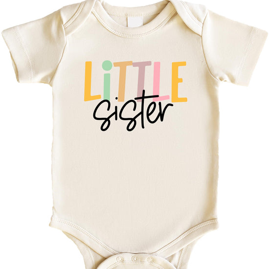 Little Sister graphic baby bodysuit, perfect for sibling matching outfits and baby shower gifting