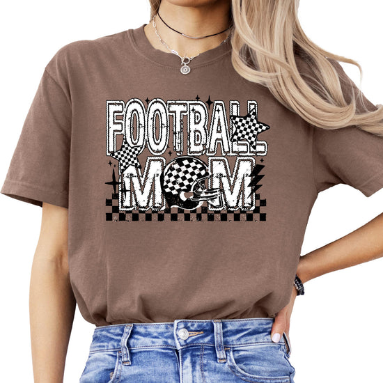 Lifestyle shot of Football Mom graphic tee worn casually for game day