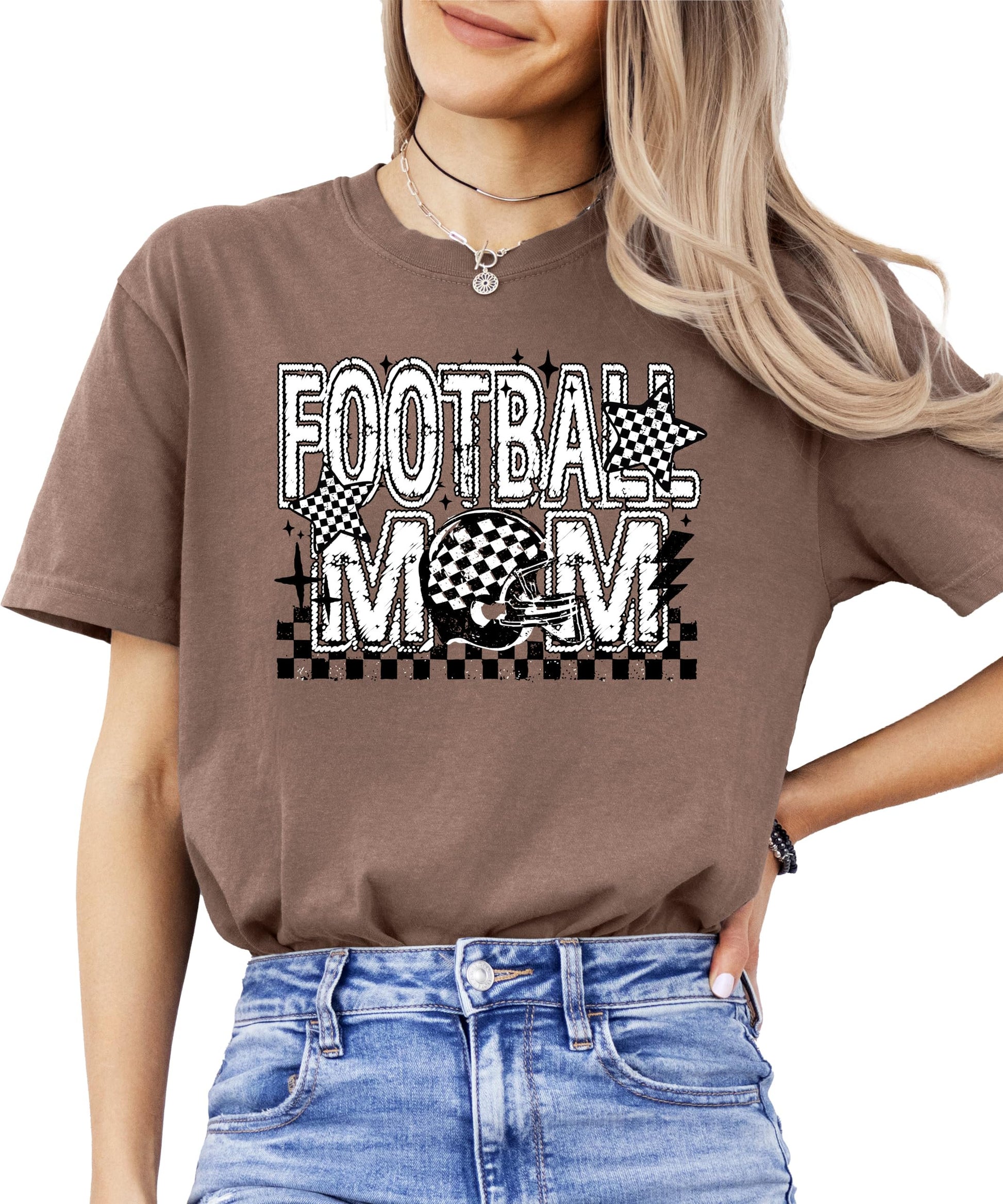 Lifestyle shot of Football Mom graphic tee worn casually for game day