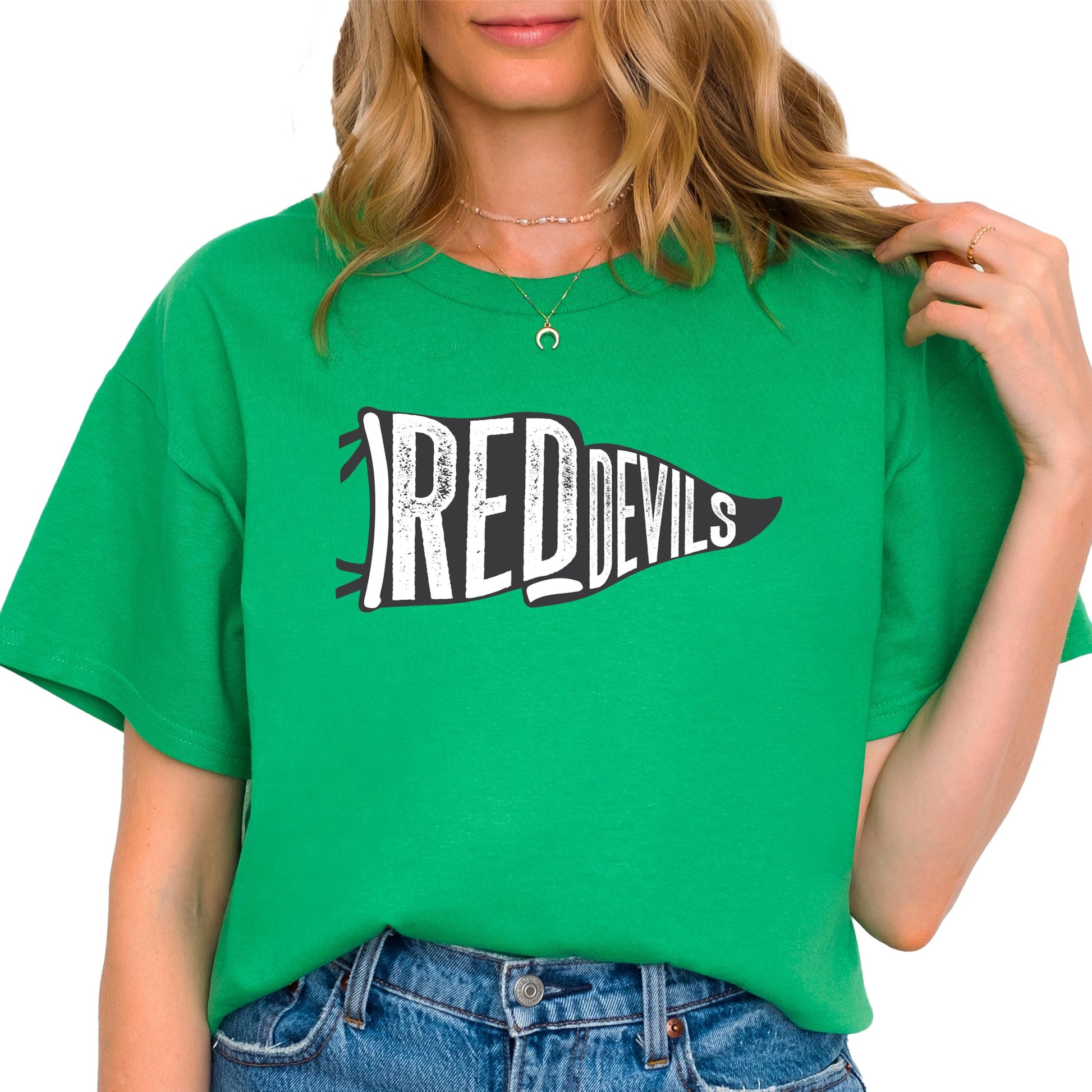 Front view of Red Devils school spirit graphic tee with bold flag design