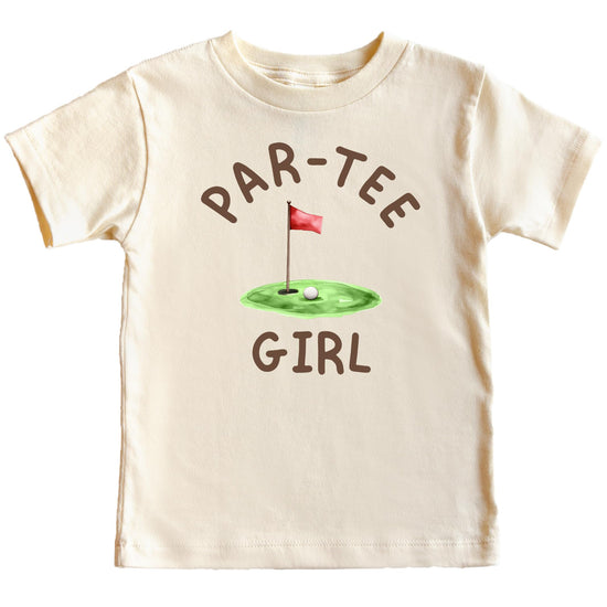 Flat lay of Par-Tee Girl toddler birthday golf graphic tee in natural