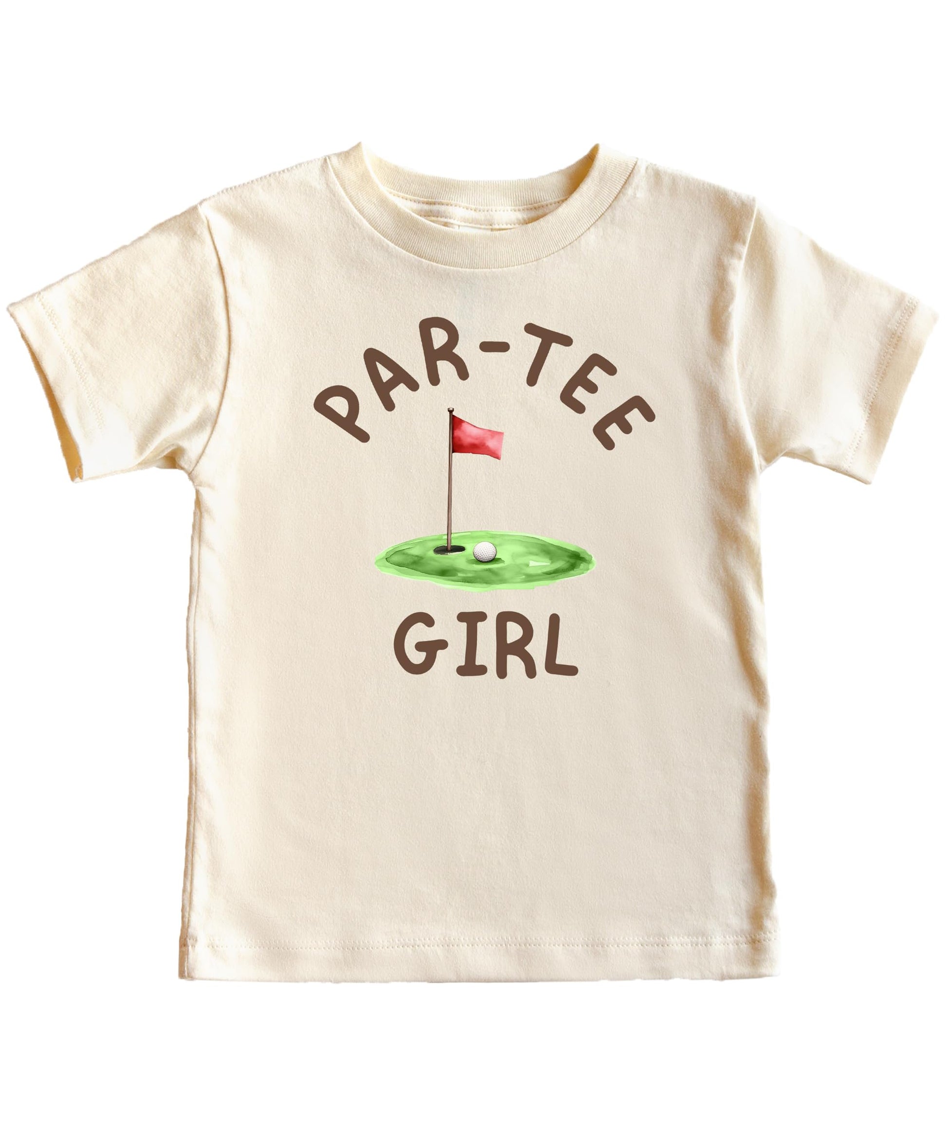 Flat lay of Par-Tee Girl toddler birthday golf graphic tee in natural