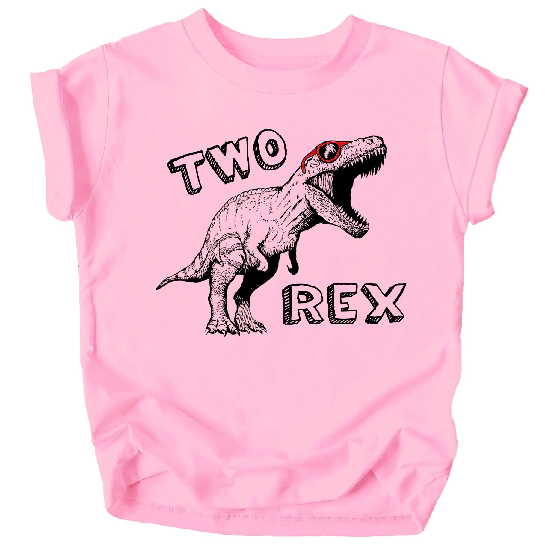 White Two-Rex dinosaur graphic on mauve short sleeve birthday t-shirt for toddlers