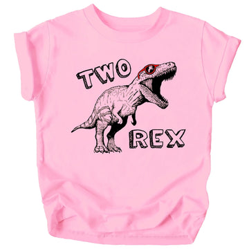 White Two-Rex dinosaur graphic on mauve short sleeve birthday t-shirt for toddlers