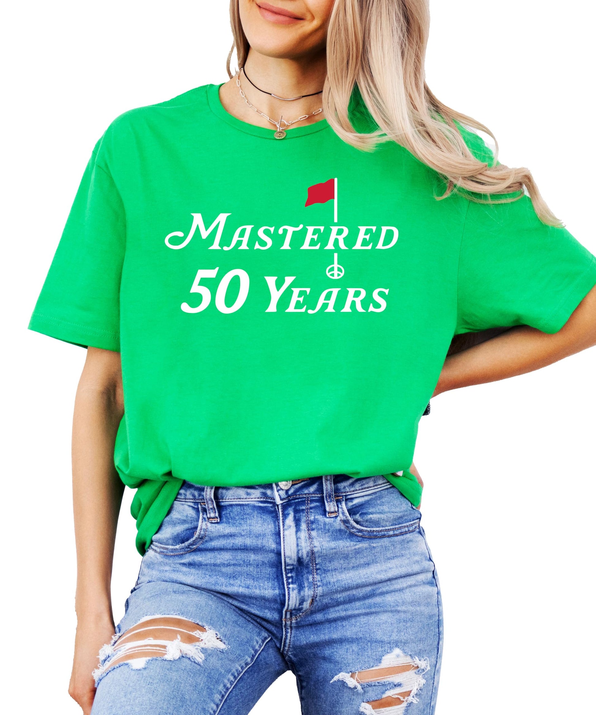 Unisex 50th birthday golf shirt laid flat showing full design graphic