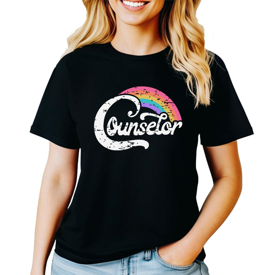 Front view of black counselor rainbow shirt for adult women by Olive Loves Apple