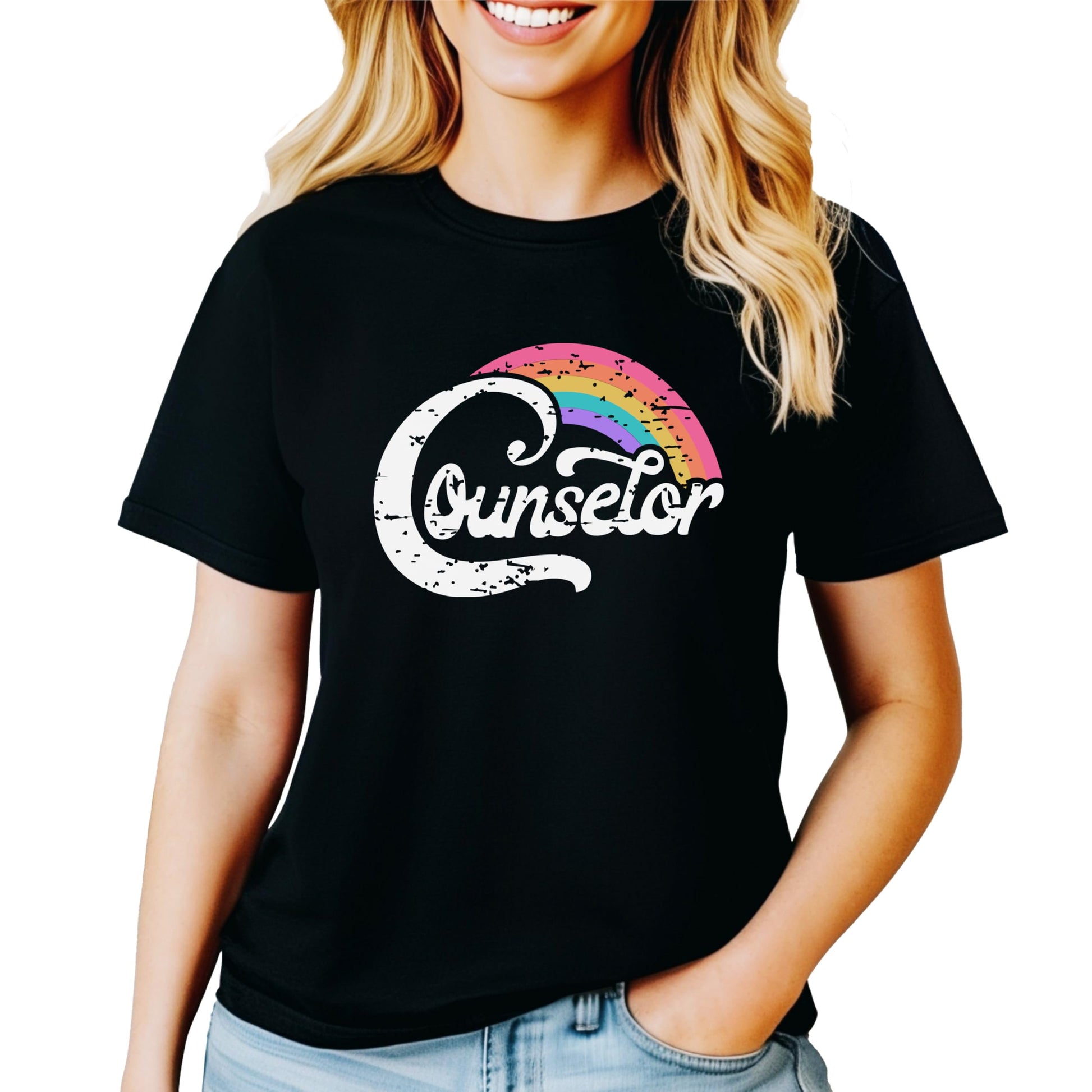 Front view of black counselor rainbow shirt for adult women by Olive Loves Apple