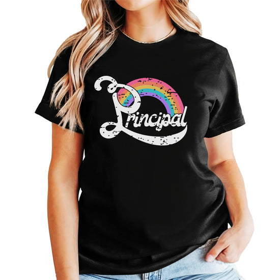 Back to school principal shirt in black with bold rainbow lettering and graphic design