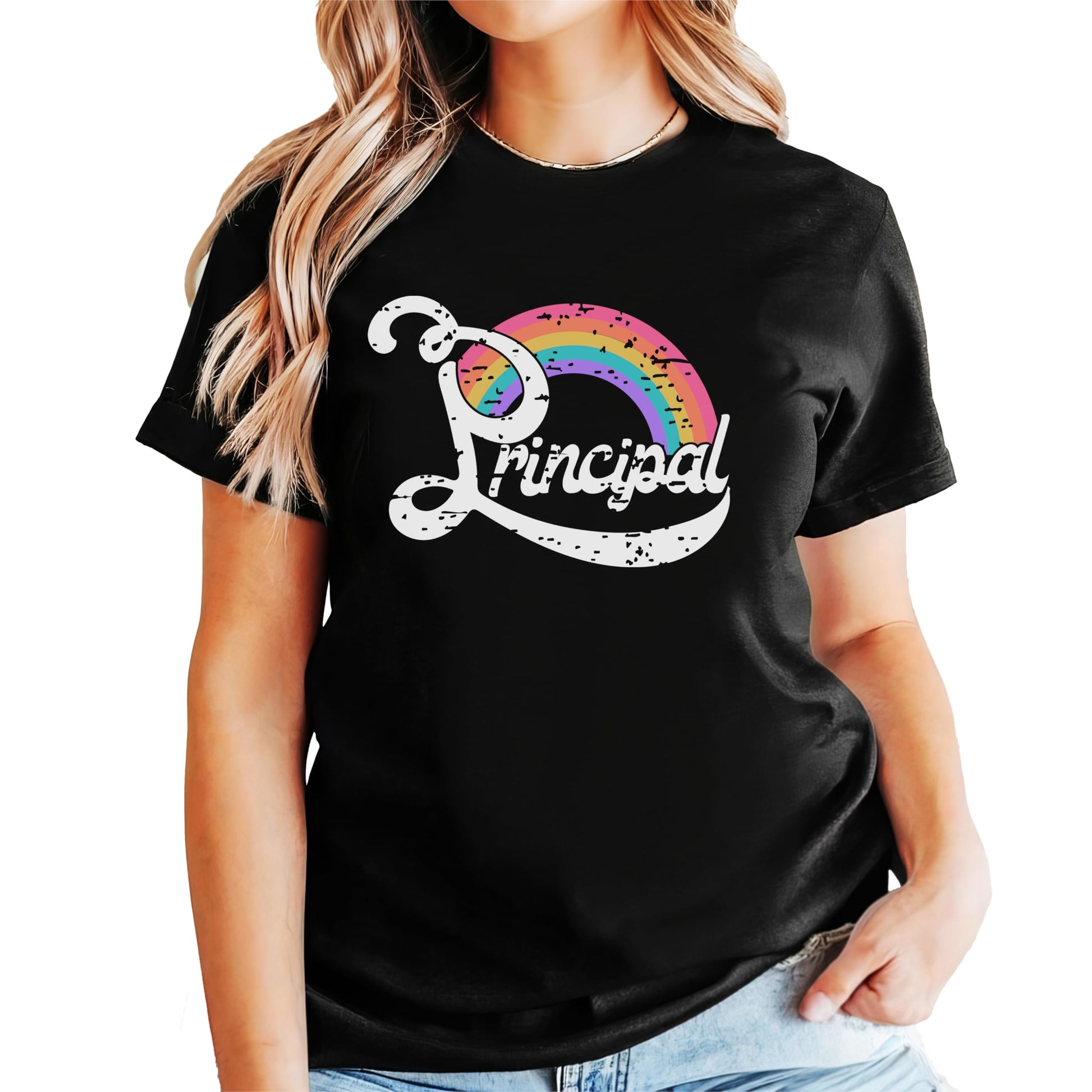 Back to school principal shirt in black with bold rainbow lettering and graphic design