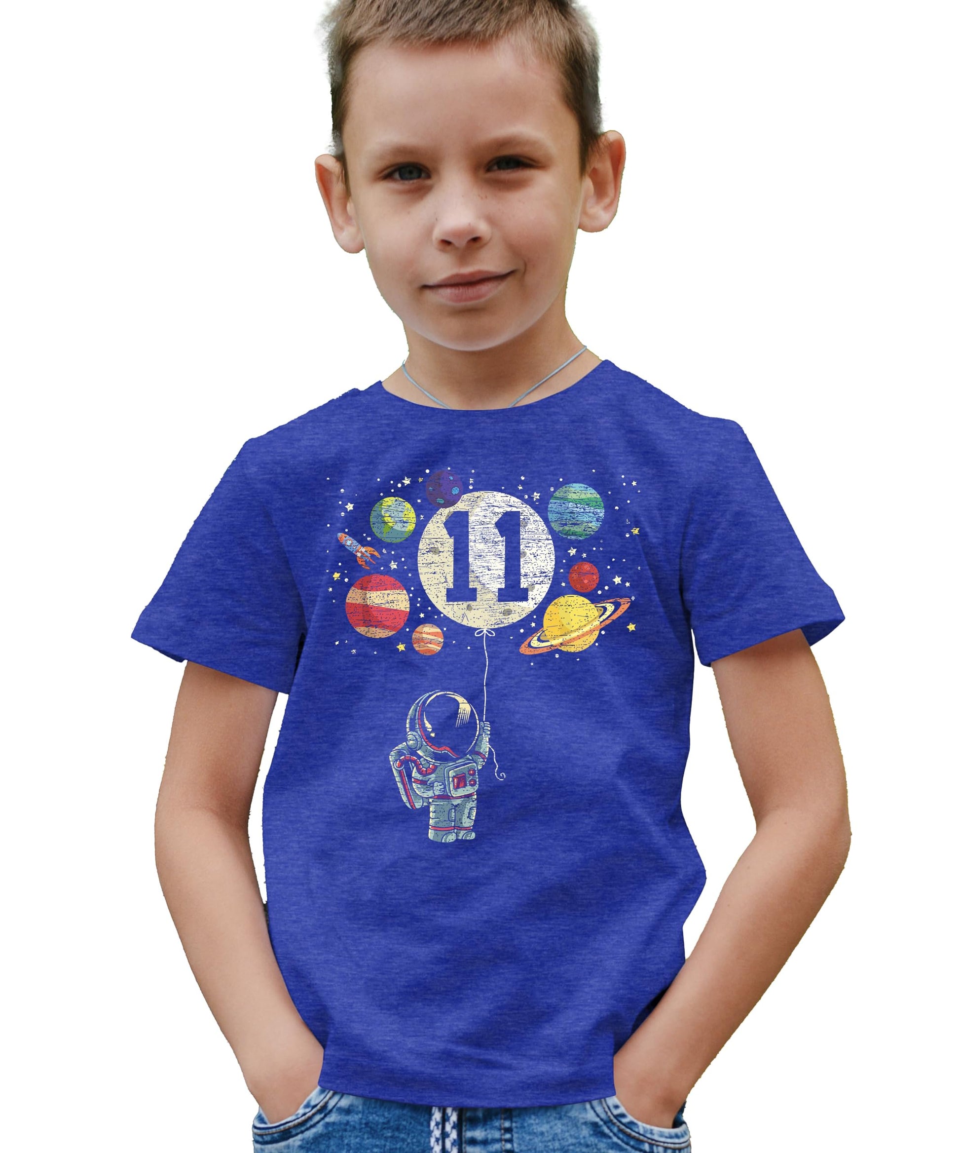 Kids space-themed 11th birthday shirt with astronaut, rocket, moon balloon, and planets graphic