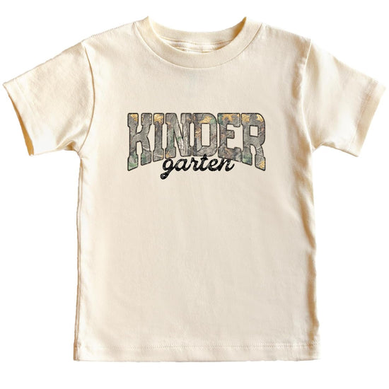 Front view of camo Kindergarten shirt for boys and girls in natural color with distressed script accent