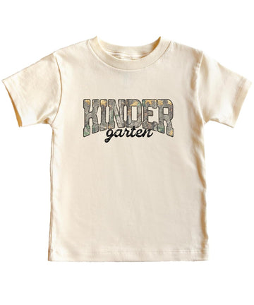 Front view of camo Kindergarten shirt for boys and girls in natural color with distressed script accent