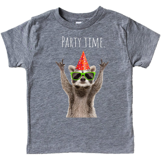 Close-up of Party Time Raccoon birthday shirt showing vintage-style animal illustration