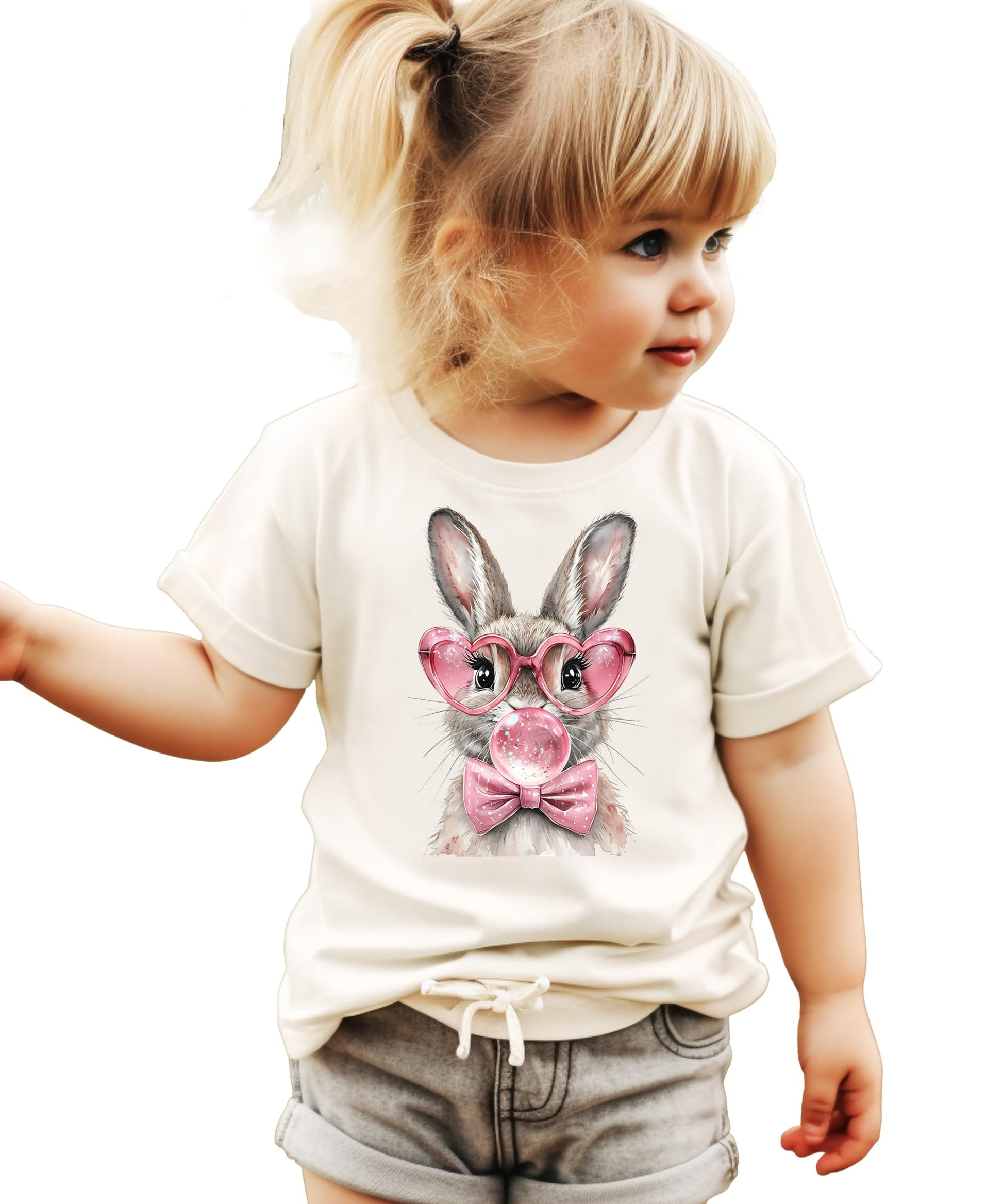 Close-up of bubblegum bunny print with bow and heart glasses on girls Easter shirt