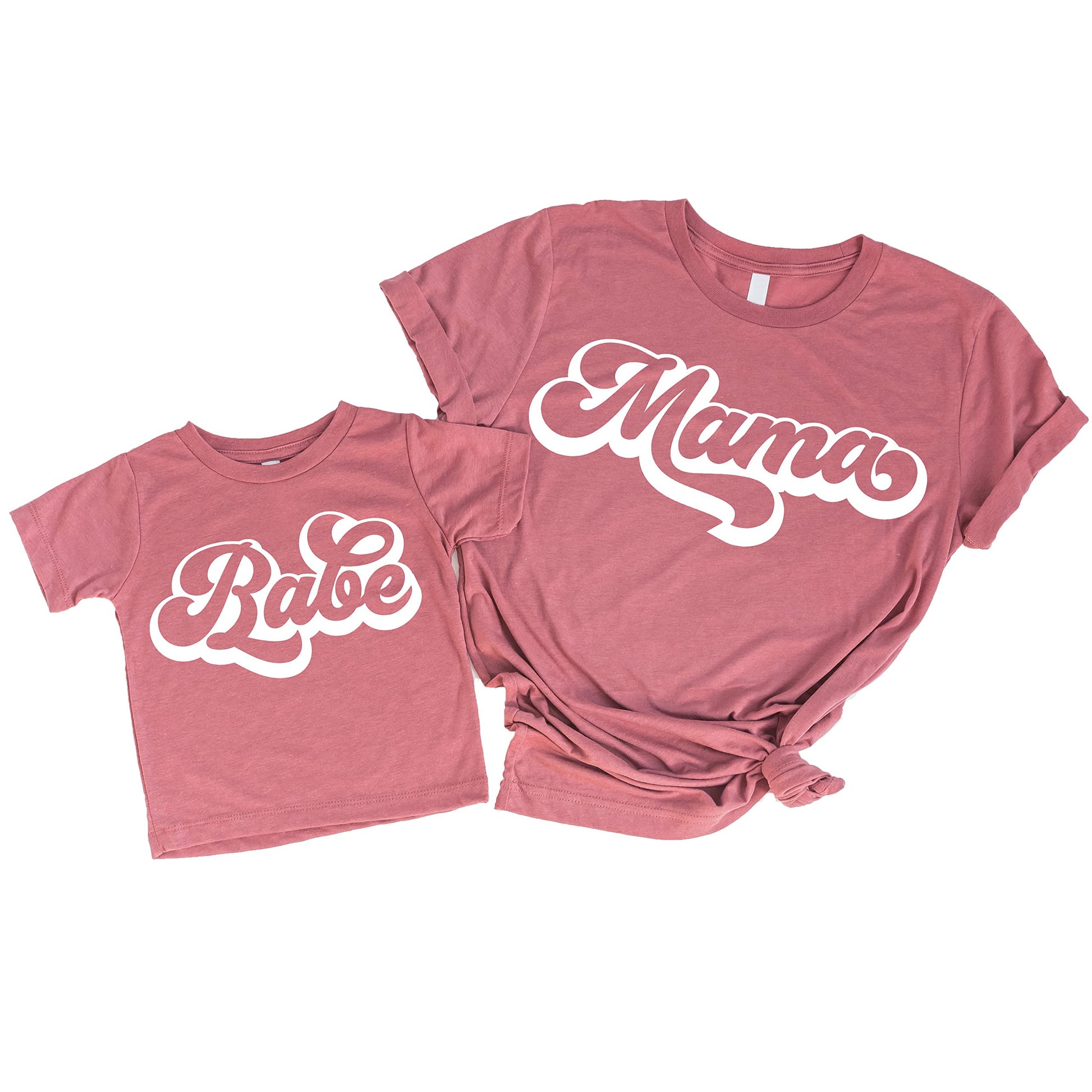 Close-up of retro graphic print on mommy and me white matching shirt