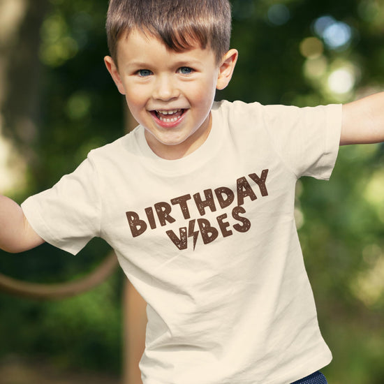 Birthday Vibes bolt shirt for boys displayed showing full front graphic design