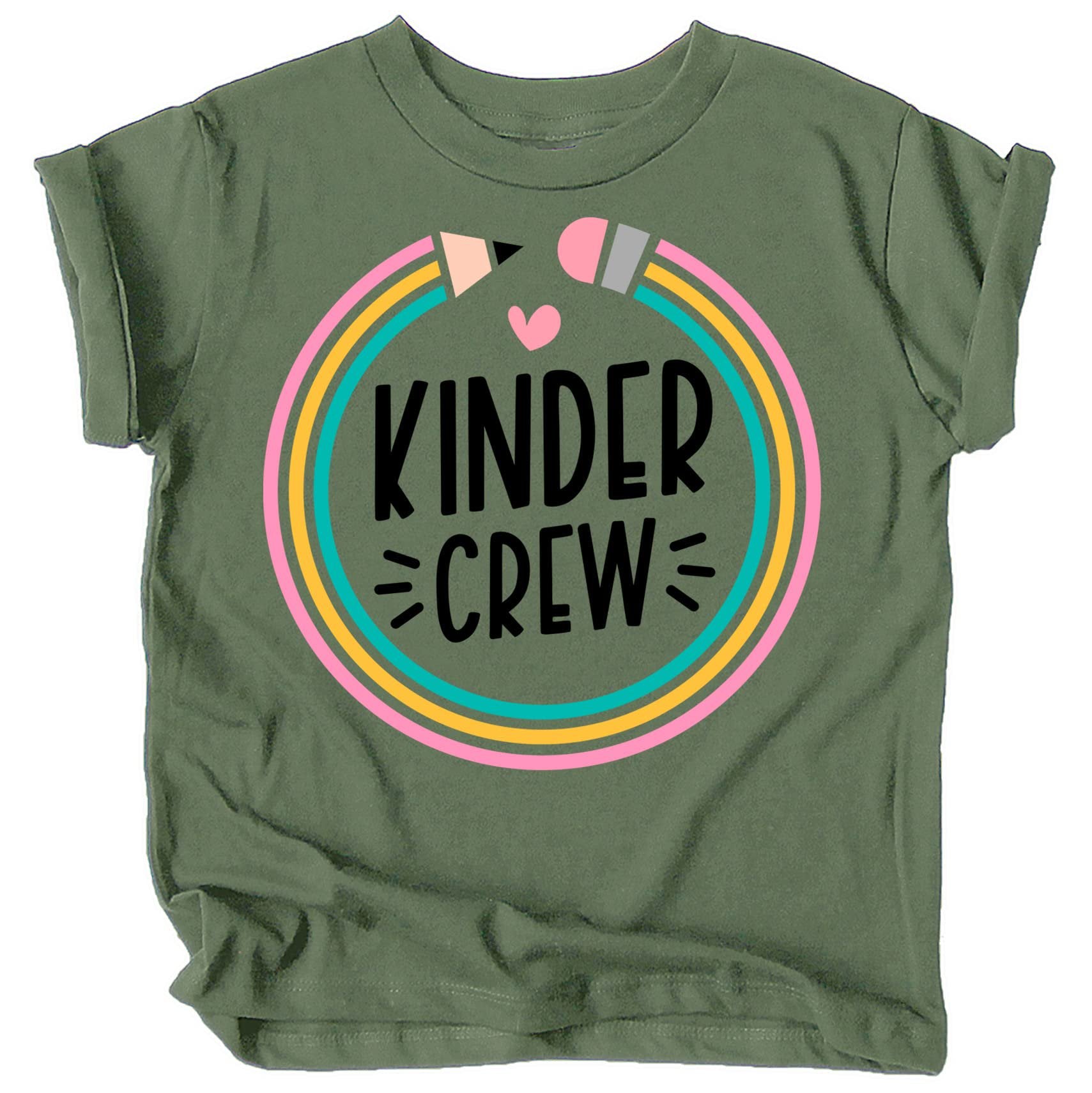 Kids wearing pink Kindergarten Crew pencil shirt, back to school graphic tee