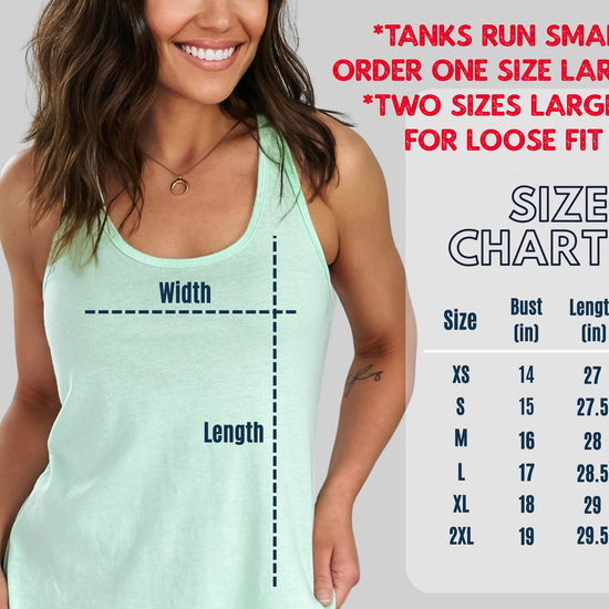 Flat lay of bold USA flower graphic tank top on white background