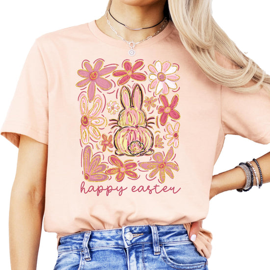 Youth girls' floral bunny Easter shirt in peach — cute matching Easter tee from Olive Loves Apple