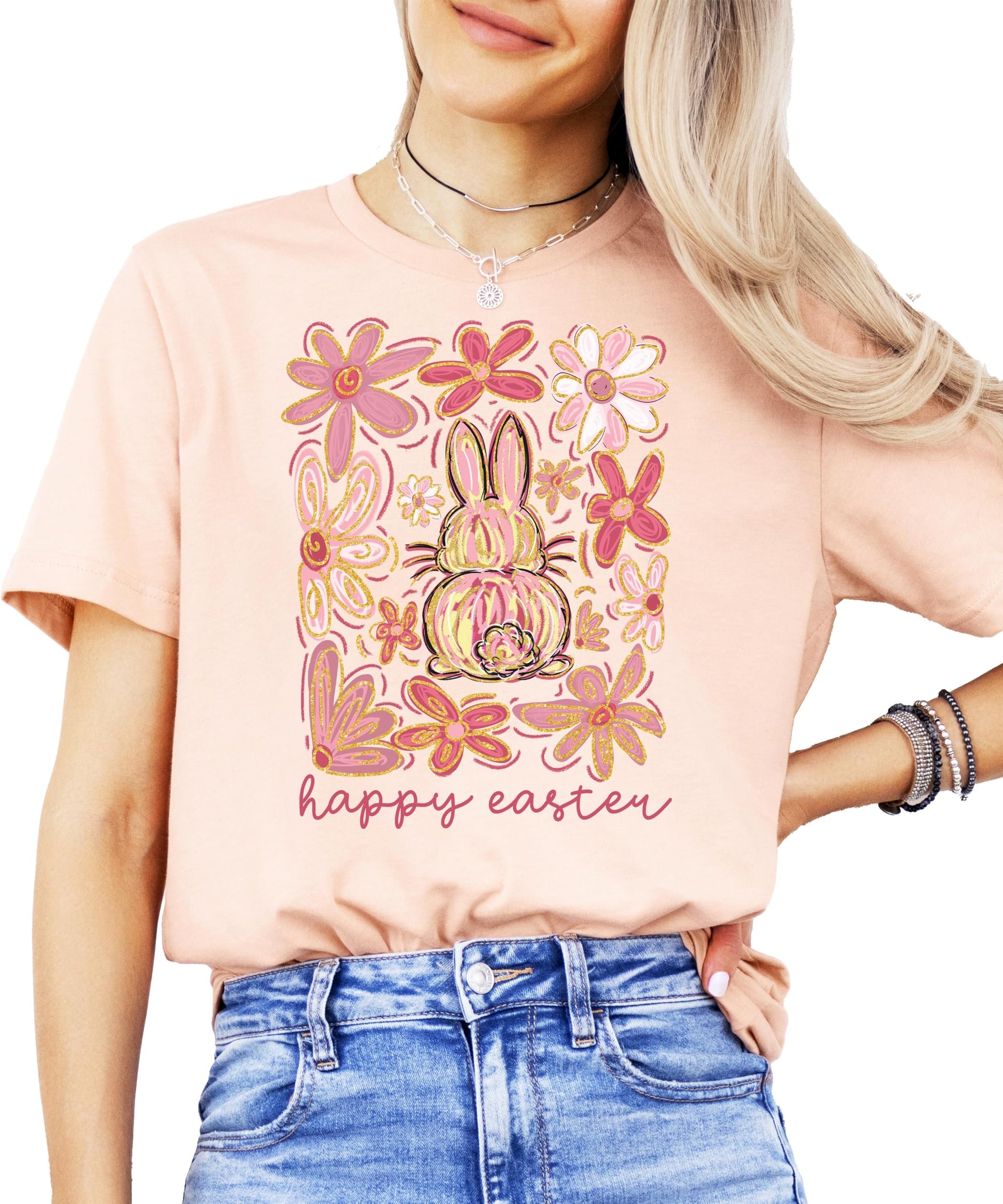 Youth girls' floral bunny Easter shirt in peach — cute matching Easter tee from Olive Loves Apple